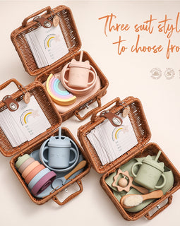 Baby Feeding Tableware Set and Wicker Travel Case - BPA-Free