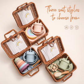 Baby Feeding Tableware Set and Wicker Travel Case - BPA-Free