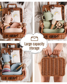 Baby Feeding Tableware Set and Wicker Travel Case - BPA-Free