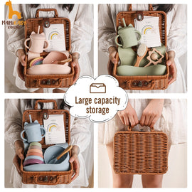 Baby Feeding Tableware Set and Wicker Travel Case - BPA-Free