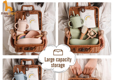 Baby Feeding Tableware Set and Wicker Travel Case - BPA-Free