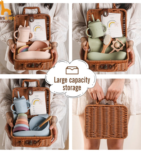 Baby Feeding Tableware Set and Wicker Travel Case - BPA-Free